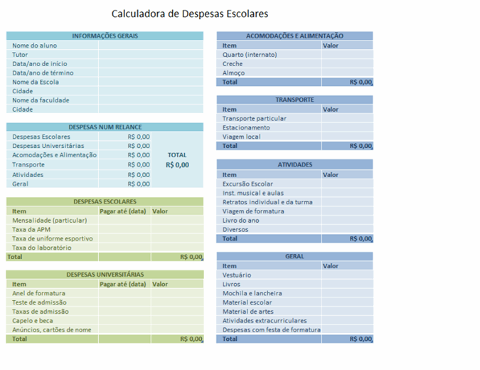 Planilhas Financeiras Microsoft Gastos Escolares