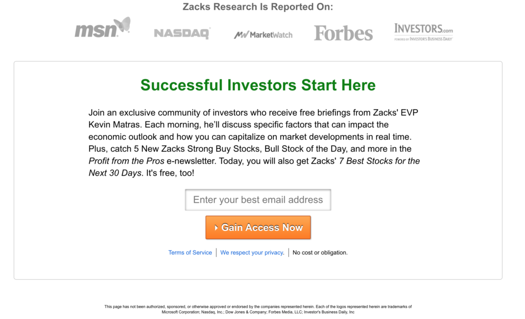 Zacks Investiment Research cadastro